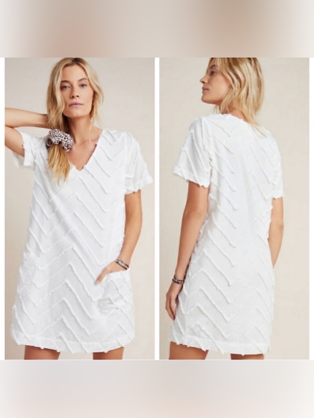 Porridge Anthropologie Marcelle Textured Shift Dress chevron short sleeve boxy